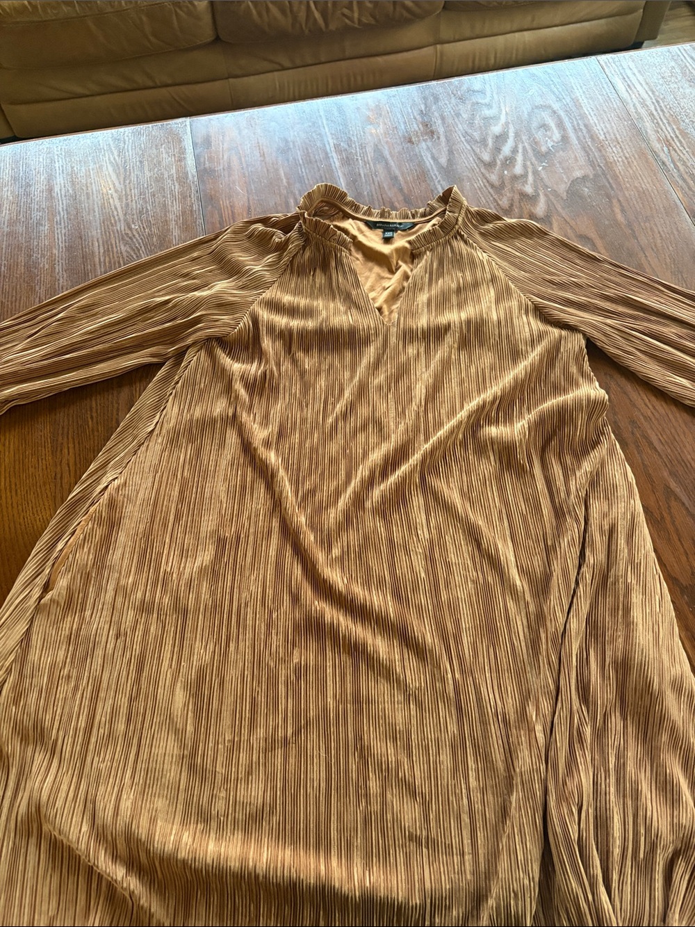 Banana Republic Long-Sleeve Pleated Shift Dress in Camel Brown